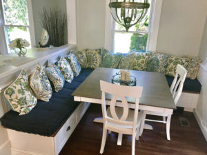 hand tufted kitchen banquette cushions in navy