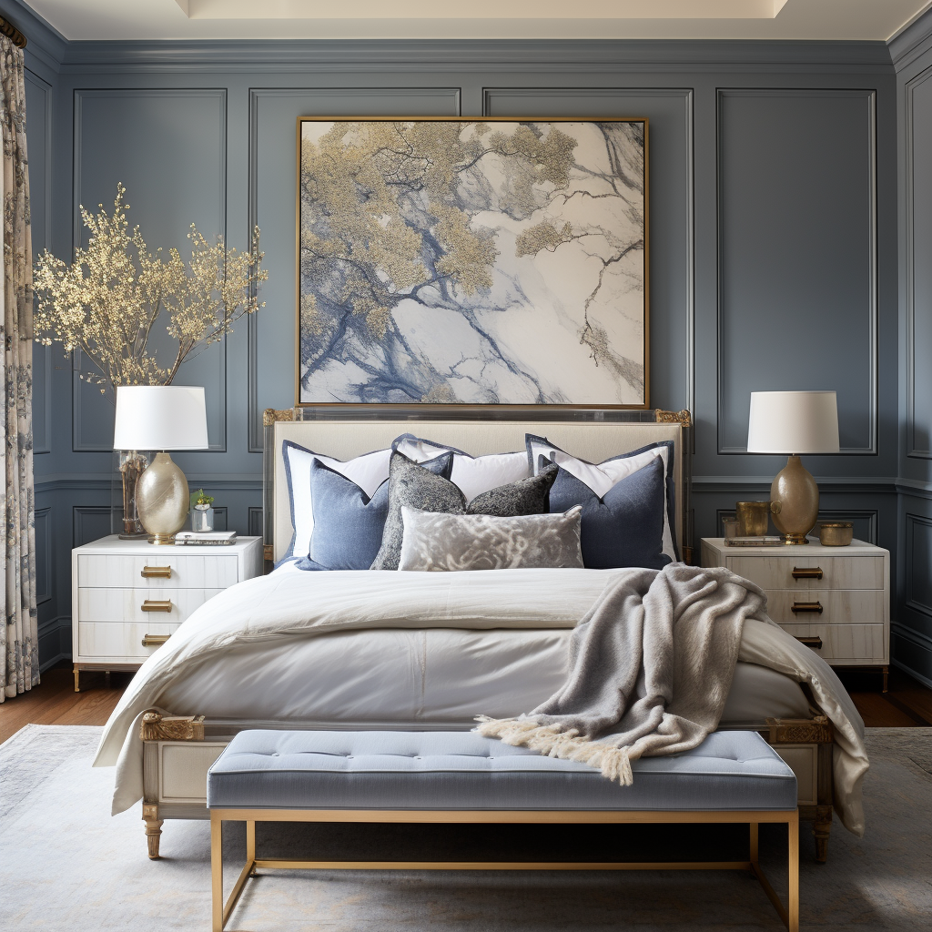 Blue Modern Bedroom with decorative throw pillows